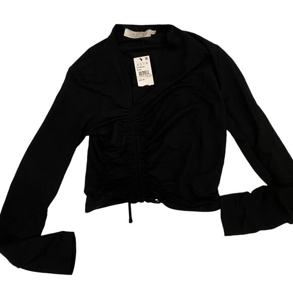 ASTR the Label Asymmetrical Black Long Sleeve Ruched Top V Neck Size Medium - Picture 4 of 11
